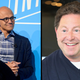 Satya Nadella (left) sits during a panel discussion while Bobby Kotick (right) is photographed getting out of a car.